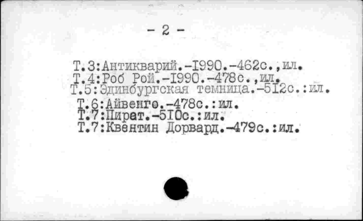 ﻿- 2 -
Т.3:Антикварий.-1990.-462с.,ил.
Т.4:Роб Рой.-1990.-478с.,ил.
Т.5:Эдинбургская темница.-512с.:ил.
Т.6:Айвенго.-478с.:ил.
Т.7:Пират.-51Ос.:ил.
Т.7:Квентин Дорвард.-479с.:ил.